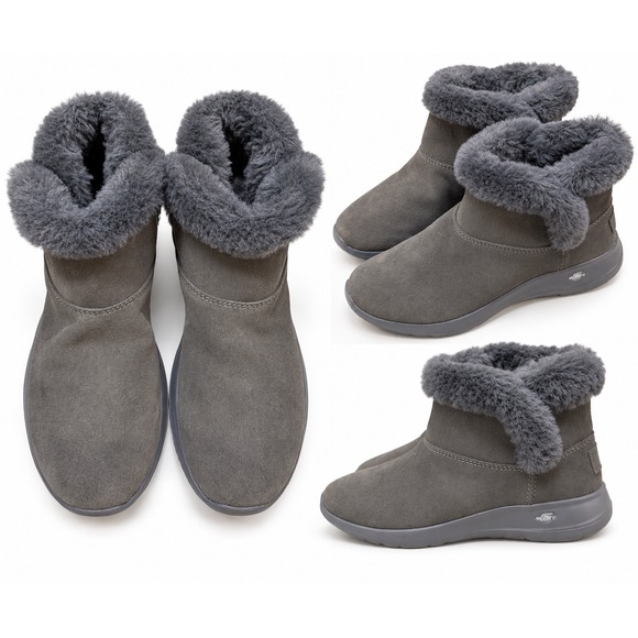 Skechers Shoes - Skechers GoWalk Joy Bundle Up Gray Leather Faux Fur Ankle Boots 15501 Womens 7.5